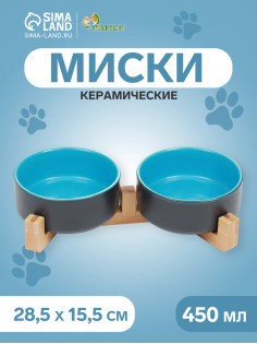 Миски, 450 мл, 28.5×15.5×7 с, 2 шт., на подставке, керамика, серая, голубая