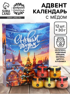 Адвент календарь с мёдом «С Новым Годом», облепиха, кедровые орешки, малина, цитрус, клубника (12 шт. × 30 г)