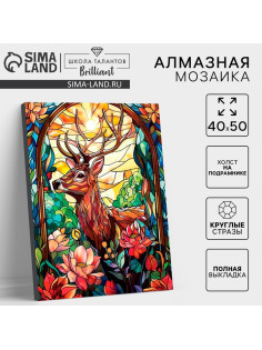 Алмазная мозаика с полным заполнением на холсте с подрамником «Витраж с оленем», 40×50 см