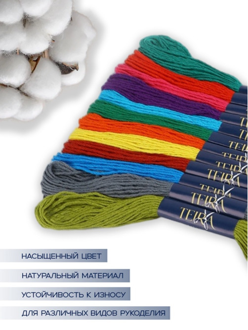 Нитки мулине TEIRA, 8±1 м, набор 12 шт., хлопок, разноцветные