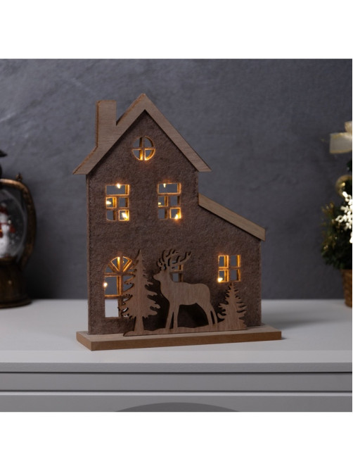 Фигура деревянная «Изба с оленями», 20×6×25 см, 5 LED, от батареек CR2032×1, свечение тёплое белое