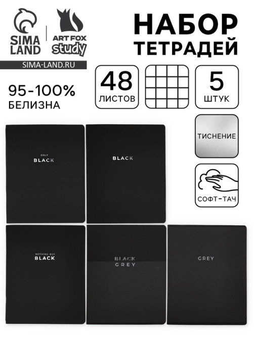 Тетради в клетку, 48 л., набор из 5 шт., блок №1, Black or Gray