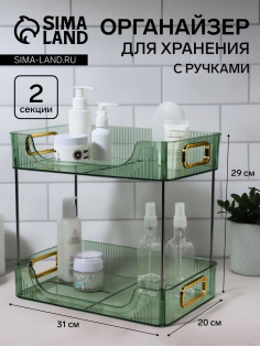 Органайзер для хранения, с ручками, 2 секции, 31×20×29 см, цвет зелёный, золотистый