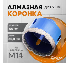 Коронка алмазная ТУНДРА, для УШМ, 65×35.8 мм, М14