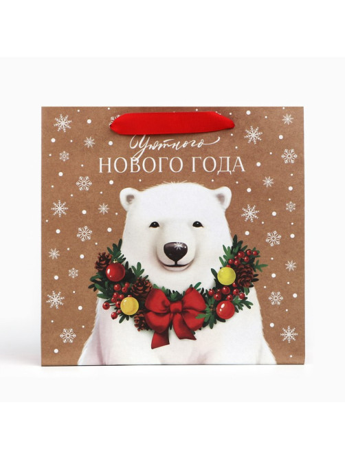 Пакет подарочный новогодний крафтовый квадратный «Уютного Нового года», 22×22×11 см