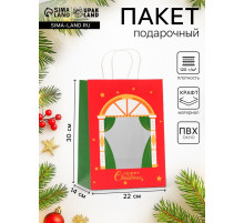 Пакет подарочный новогодний крафт с окном «Театр» 30×22×14 см