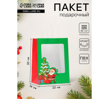 Пакет подарочный новогодний крафт, с окном «Дед Мороз» 30×22×14 см
