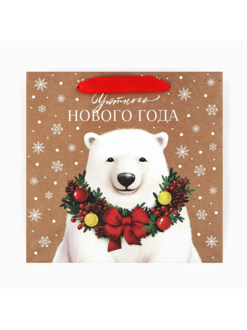 Пакет подарочный новогодний крафтовый квадратный «Уютного Нового года», 22×22×11 см