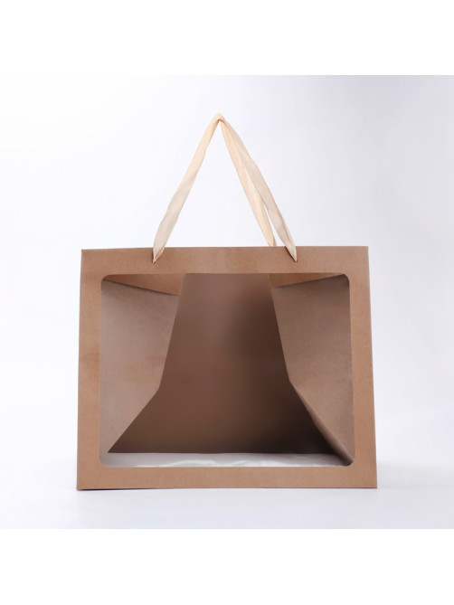Пакет подарочный с широким дном и окном 35×29×28 см, крафт