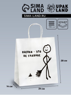 Пакет подарочный белый, с приколом, «Оценка - это не главное », 24×14×28 см