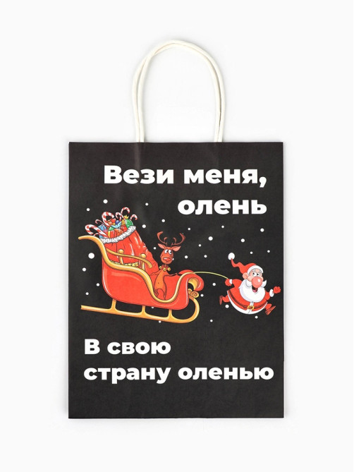 Пакет бумажный подарочный новогодний крафт, «Вези меня», 27×21×11 см