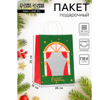 Пакет подарочный новогодний крафт с окном «Театр» 26×35×16 см