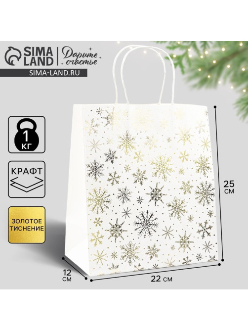Пакет подарочный новогодний крафтовый «Снежинки», 22×25×12 см