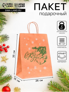 Пакет бумажный подарочный новогодний крафт, «Новый год и подарок!», зеленый 26×15×35 см