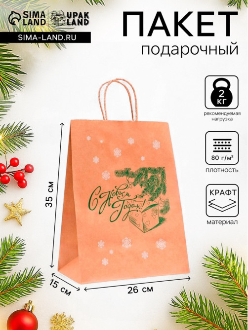 Пакет бумажный подарочный новогодний крафт, «Новый год и подарок!», зеленый 26×15×35 см