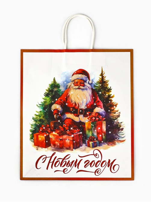 Пакет бумажный подарочный новогодний крафт «С Новым годом» 32×17.5×37 см