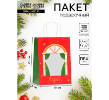 Пакет подарочный новогодний крафт с окном «Театр» 19×26×13 см