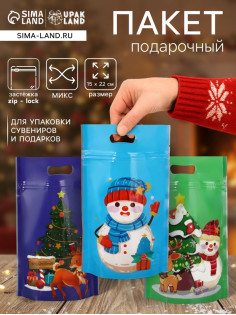 Пакет подарочный новогодний «Снеговик и его друзья», с zip-lock застежкой, МИКС, 15×22 см