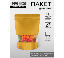 Пакет дой - пак, матовый, золотой с окном, 14×20+ 4 см