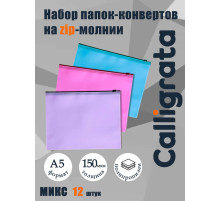 Набор папок-конверт на ZIP-молнии А5, 150 мкм, Calligrata Pastel, c черной молнией, полупрозрачные, пастель, 12 штук, микс