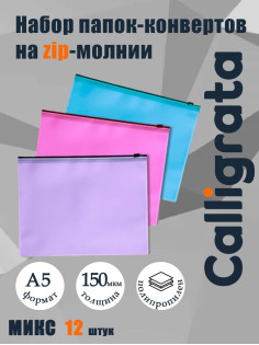 Набор папок-конверт на ZIP-молнии А5, 150 мкм, Calligrata Pastel, c черной молнией, полупрозрачные, пастель, 12 штук, микс