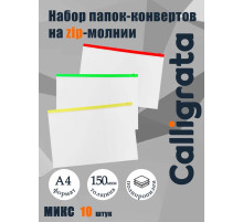 Набор папок-конверт на ZIP-молнии А4, 150 мкм, Calligrata, c цветной молнией, прозрачные, 10 штук, микс