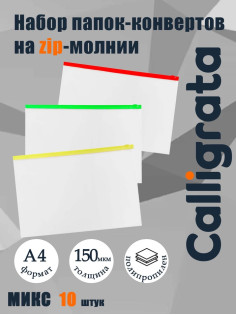 Набор папок-конверт на ZIP-молнии А4, 150 мкм, Calligrata, c цветной молнией, прозрачные, 10 штук, микс