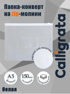 Папка-конверт на ZIP-молнии A5, 150 мкм, Calligrata, карман для визитки, прозрачная, белая молния