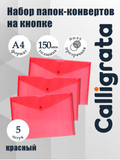 Набор папок-конвертов на кнопке 5 штук, А4, 150 мкм, Calligrata Standard, прозрачные, красные