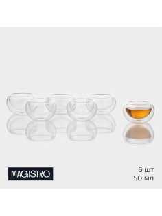 Пиалы с двойными стенками Magistro «Сакура», набор 6 шт.: 50 мл, стекло, прозрачные