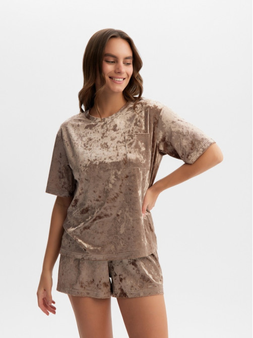 Пижама женская (футболка, шорты) KAFTAN Velvet, размер 40-42, кофейная