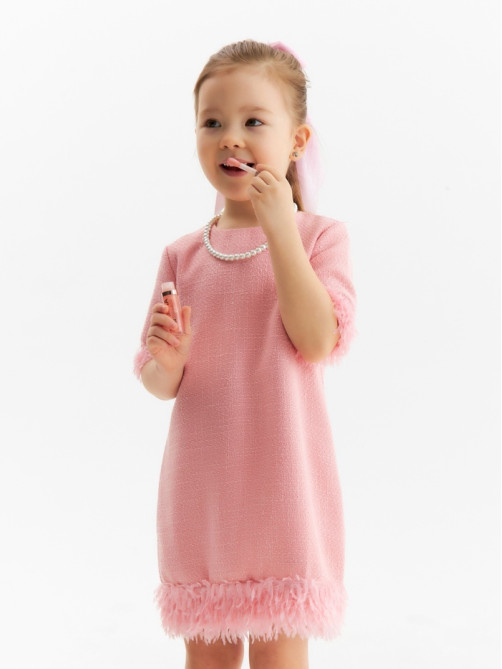 Платье нарядное для девочки MINAKU: PartyDress с перьями, розовое, рост 110-116 см