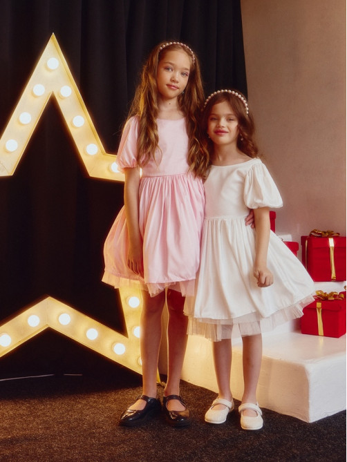 Платье нарядное для девочки MINAKU: PartyDress с рукавами, розовое, рост 104 см