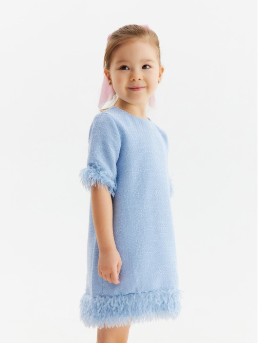 Платье нарядное для девочки MINAKU: PartyDress, с перьями, голубое, рост 140-146 см