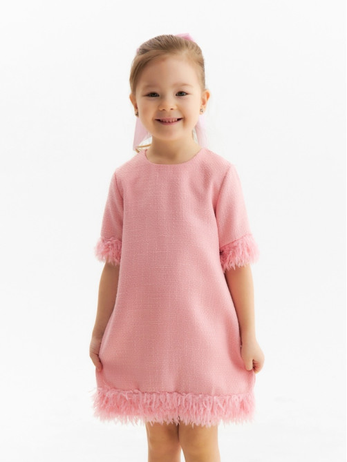 Платье нарядное для девочки MINAKU: PartyDress с перьями, розовое, рост 110-116 см