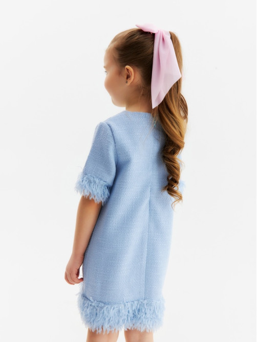 Платье нарядное для девочки MINAKU: PartyDress с перьями, голубое, рост 152-158 см