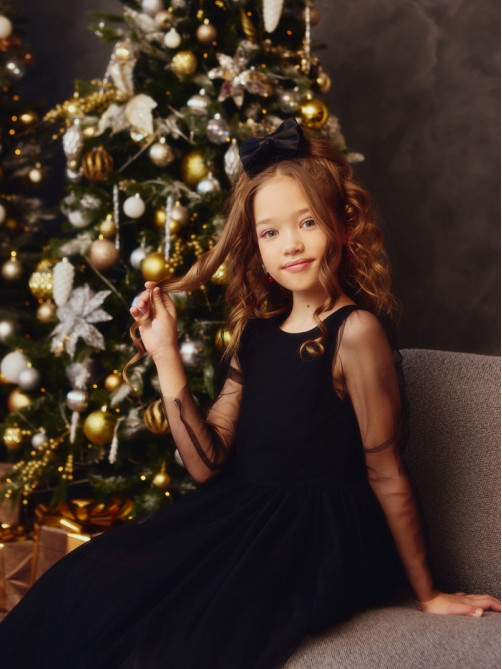 Платье нарядное для девочки MINAKU: PartyDress с рукавами, чёрное, рост 104-110 см