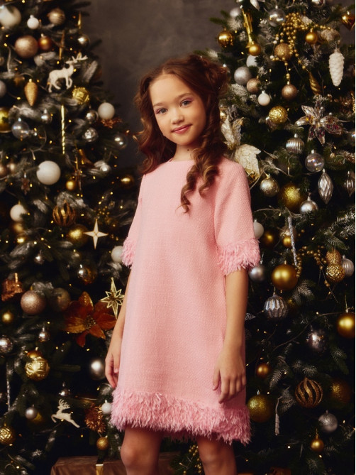 Платье нарядное для девочки MINAKU: PartyDress с перьями, розовое, рост 110-116 см