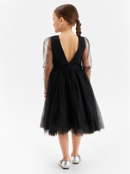 Платье нарядное для девочки MINAKU: PartyDress с рукавами, чёрное, рост 122-128 см