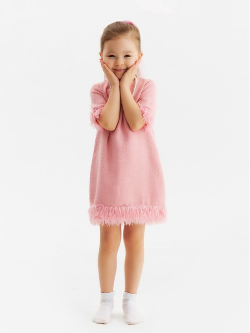 Платье нарядное для девочки MINAKU: PartyDress с перьями, розовое, рост 110-116 см