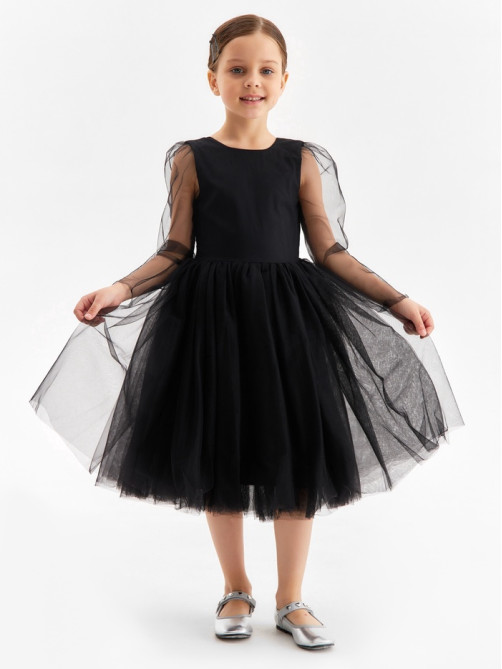 Платье нарядное для девочки MINAKU: PartyDress с рукавами, чёрное, рост 104-110 см