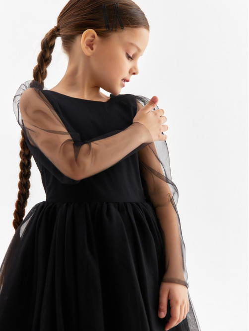 Платье нарядное для девочки MINAKU: PartyDress с рукавами, чёрное, рост 98-104 см