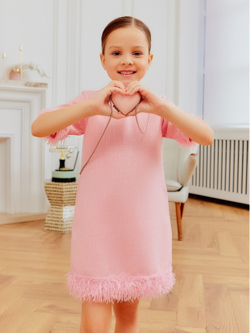 Платье нарядное для девочки MINAKU: PartyDress с перьями, розовое, рост 110-116 см