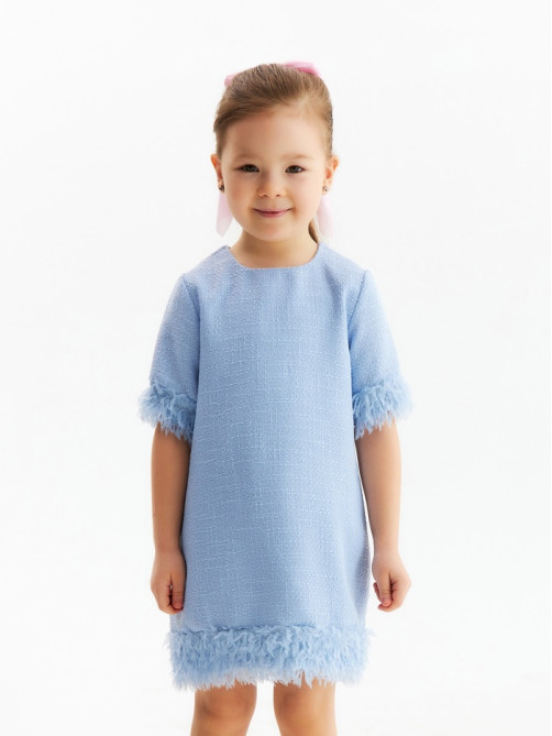 Платье нарядное для девочки MINAKU: PartyDress, с перьями, голубое, рост 122-128 см