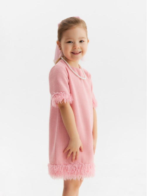 Платье нарядное для девочки MINAKU: PartyDress с перьями, розовое, рост 110-116 см