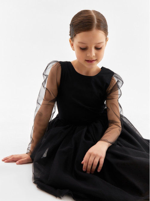 Платье нарядное для девочки MINAKU: PartyDress с рукавами, чёрное, рост 104-110 см