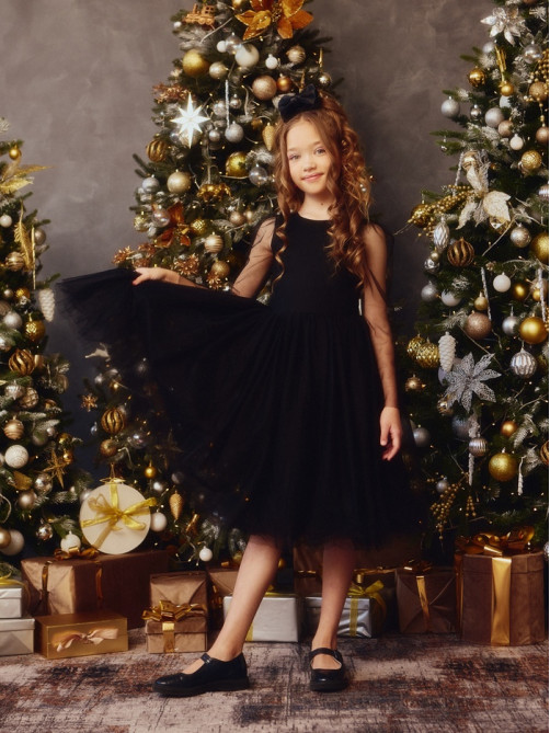 Платье нарядное для девочки MINAKU: PartyDress с рукавами, чёрное, рост 122-128 см