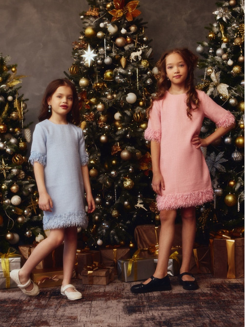 Платье нарядное для девочки MINAKU: PartyDress, с перьями, голубое, рост 110-116 см