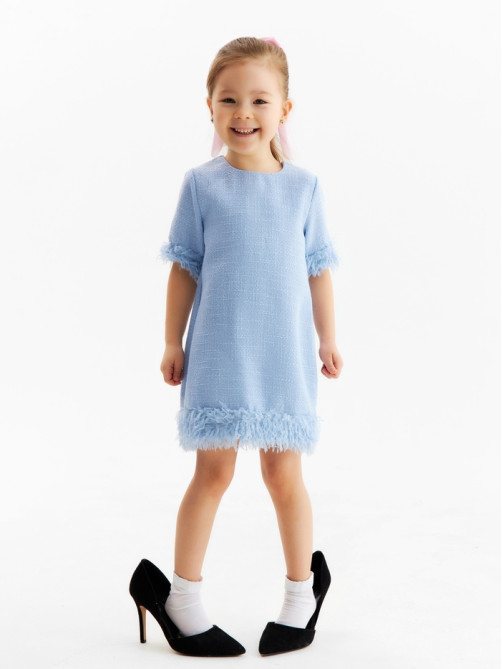 Платье нарядное для девочки MINAKU: PartyDress, с перьями, голубое, рост 104-110 см