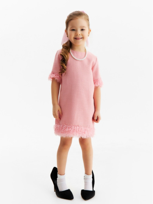 Платье нарядное для девочки MINAKU: PartyDress с перьями, розовое, рост 110-116 см